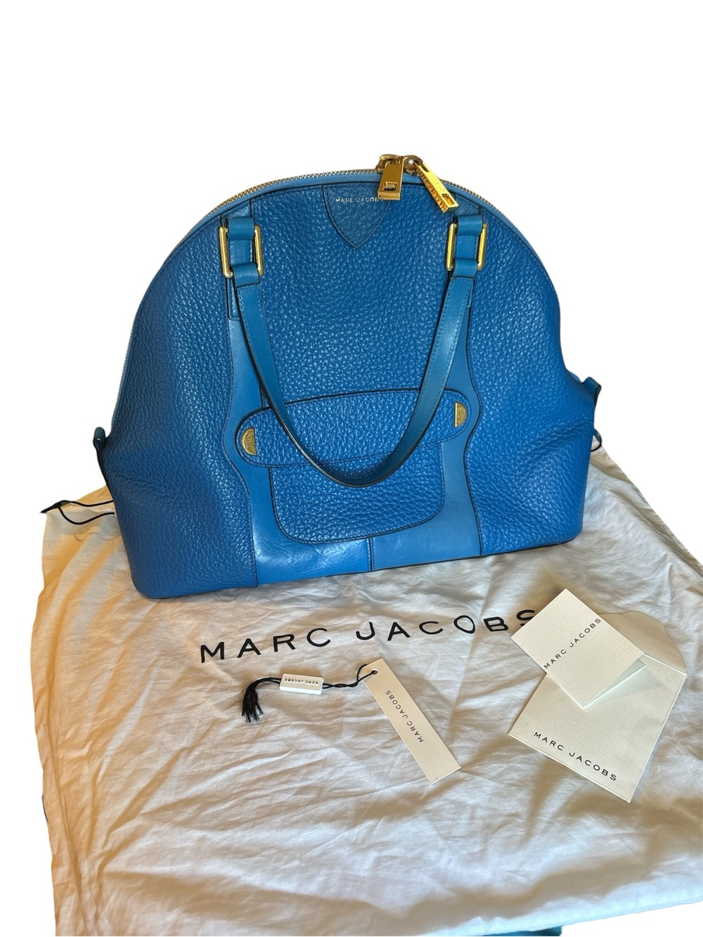 Marc Jacobs Blue Pebbled Leather Dome Satchel Bag Gold Hardware Made in Italy